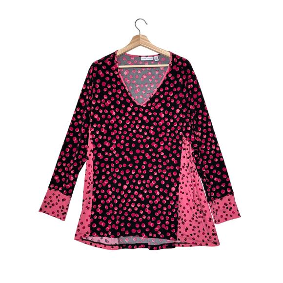 Susan Graver Printed Liquid Knit Tunic Top Long Sleeve V-Neck Red Pink Size 1X - Picture 1 of 13